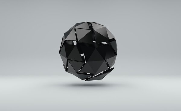 Abstract 3d rendering of low poly black sphere with deformed structure