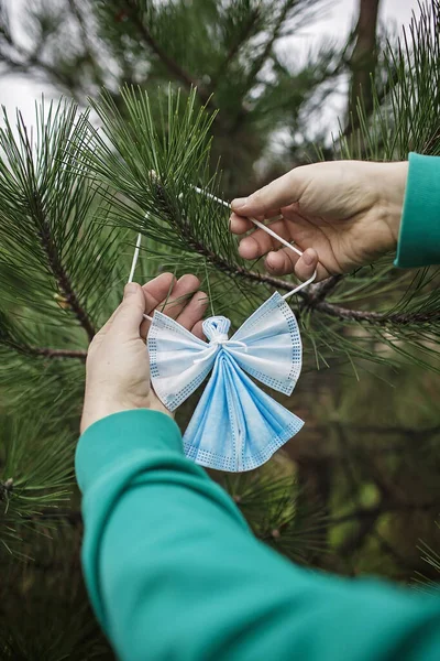 Diy Angel Made Medical Face Masks Zero Waste Christmas Tree — Stock Photo, Image