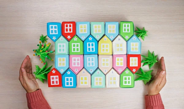 Calendario Dell Avvento Degli Origami Miniatura Con Albero Natale Colorate — Foto Stock