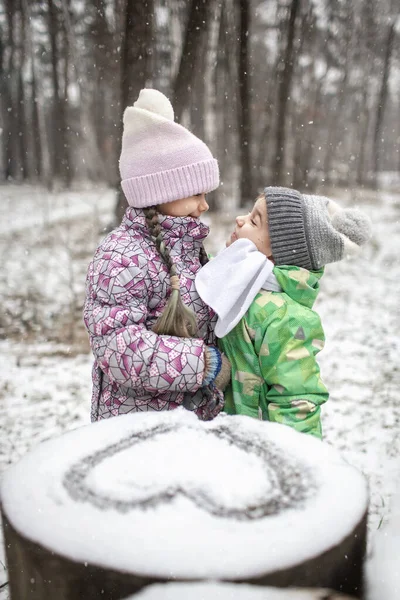 Kids enjoy first snow in winter forest, active seasonal activities, lifestyle