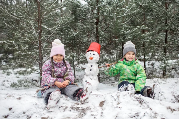 Los niños disfrutan de la primera nieve en el bosque de invierno, actividades activas de temporada, estilo de vida —  Fotos de Stock