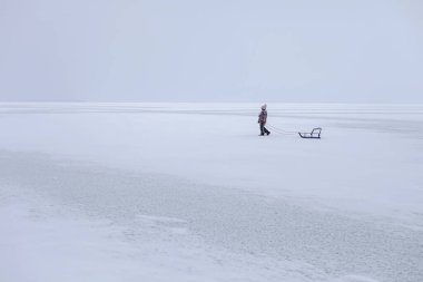 Kız donmuş gölde kızak gezintisi yapıyor, kış, sessizlik ve vahşi doğa, yaşam tarzı.