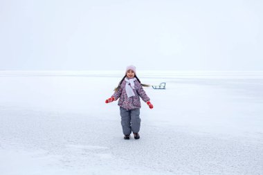 Kızlar donmuş gölde, kışın, mevsimsel açık hava aktivitelerinde, yaşam tarzında iyi eğlenceler.