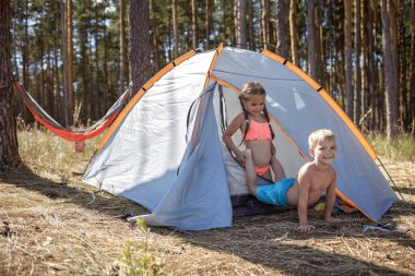 Çocuklar kamp alanında dinleniyor ve eğleniyorlar. Kumsalda, vahşi ormanların arasında. Aktif yerel tatiller.