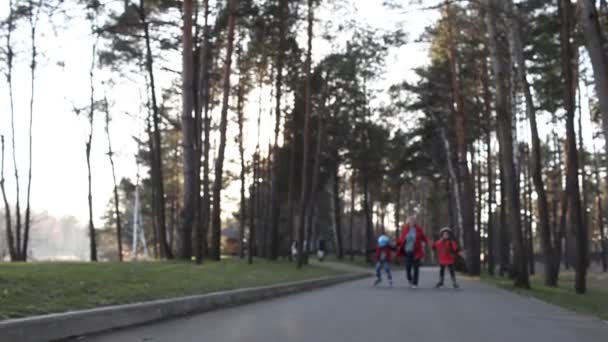 Šťastné děti na kolečkových bruslích společně s babičkou v parku, jarní aktivní venku — Stock video