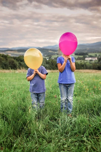 Симпатичные братья и сестры веселятся на лугу в горах и покрывают лица воздушными шарами — стоковое фото