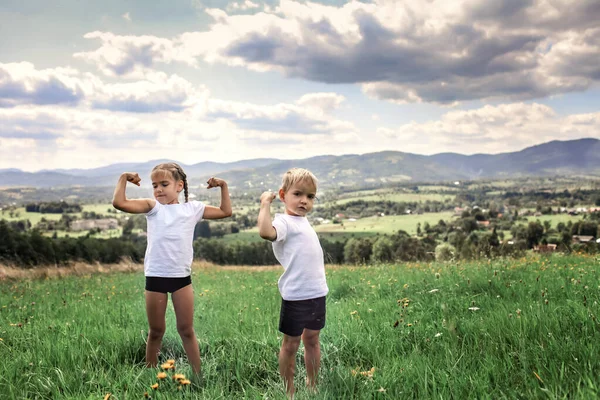 Мальчик и девочка делают утренние упражнения с гантелями на вершине гор летом — стоковое фото