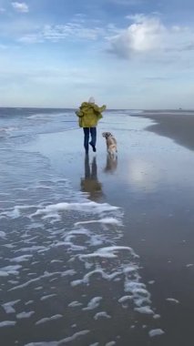 Aziz Peter 'ın Almanya' da ıslak kumsalda koşan köpekli bir kadın. Yüksek kaliteli FullHD görüntüler