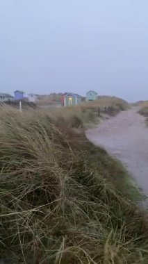Rüzgarlı kıyı kum tepelerinde, sisli kış havasında renkli plaj kulübeleri. Yüksek kaliteli FullHD görüntüler