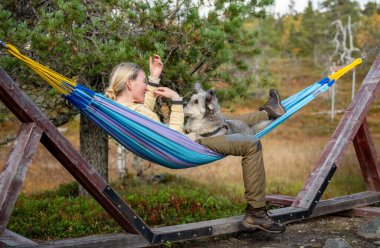 Hamakta rahatlayan bir kadın ve orman doğasında açık havada giyinen bir köpek. Yüksek kalite fotoğraf