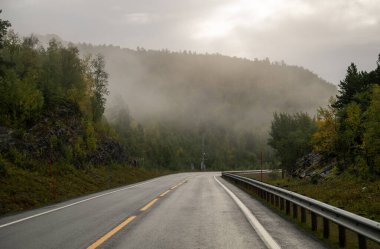 Finlandiya 'nın sonbahar ormanlarından geçen puslu dağ yolu. Yüksek kalite fotoğraf