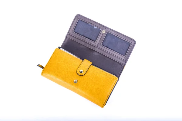 Pusty żółty skórzany portfel Kobieta — Zdjęcie stockowe