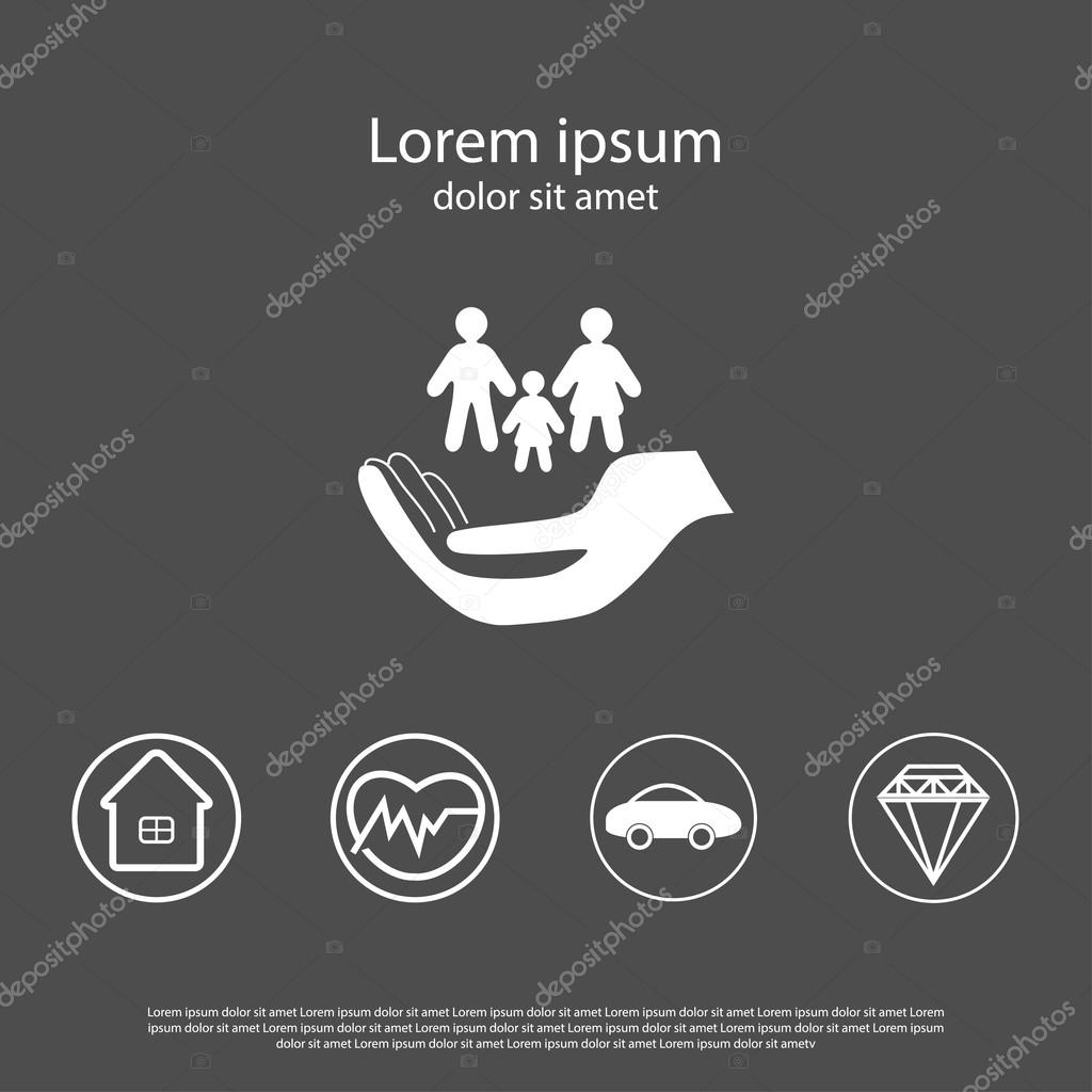 Insurance set- logo with hand and family, car insurance,real estate insurance, health insurance, house insurance, luxury insurance, template for booklet, brochure, web site etc.