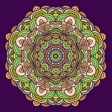 Süsleme el mandala renkli tasarım Eflatun arka plan üzerinde çizilmiş.