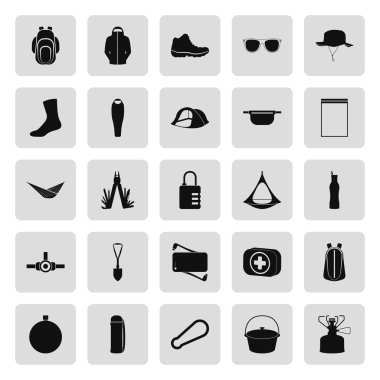Kamp ekipmanları sembolleri ve simgeler kümesi
