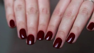 Koyu kırmızı tırnaklı kadın elleri, mükemmel kış ve sonbahar manikürü. Yüksek kaliteli FullHD görüntüler