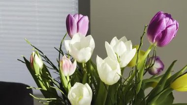 Bir vazoda pembe, beyaz ve sarı çiçekli canlı lale buketi, bir pencereden gelen doğal ışıkla yıkanmış, sıcak bir ev atmosferi yaratıyor.