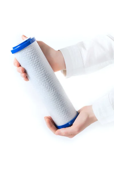 Water filter cartridge in human hand — Stock Photo, Image