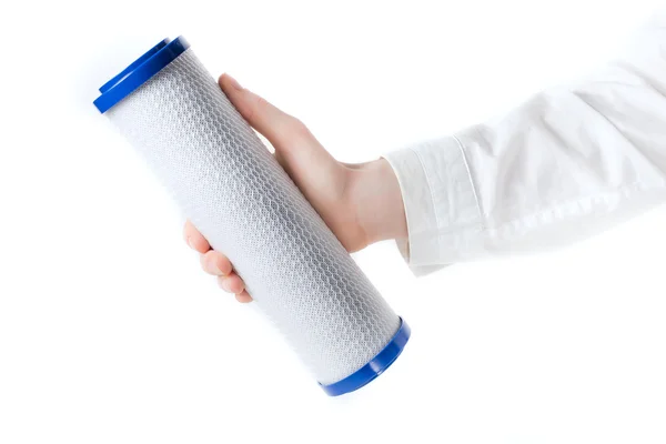 Water filter cartridge in human hand — Stock Photo, Image