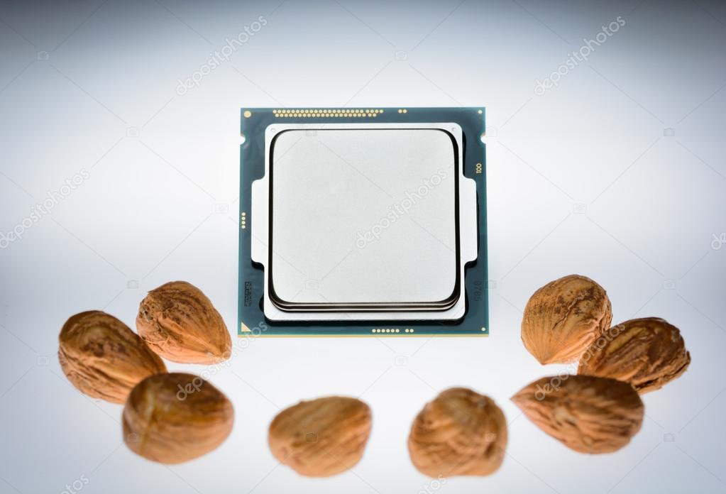 eight-core processor on light background when the cores are symbolized by nut cores