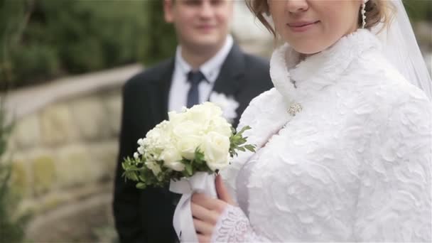 Glückliche Braut und Bräutigam posiert — Stockvideo