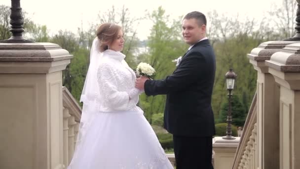 Šťastný ženich a nevěsta pózuje — Stock video