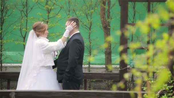 Bruid en bruidegom vormen voor de outdoor fotograaf — Stockvideo