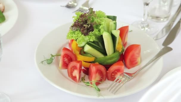 Свежий салат с огурцами и помидорами — стоковое видео