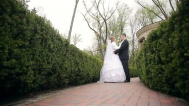 Gelin ve damat parkta yürüyor