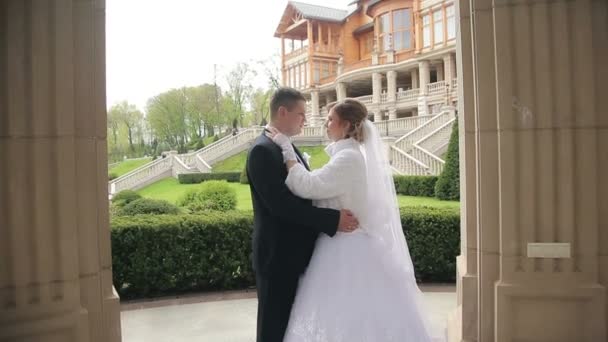 Bruid en bruidegom wandelen in park — Stockvideo