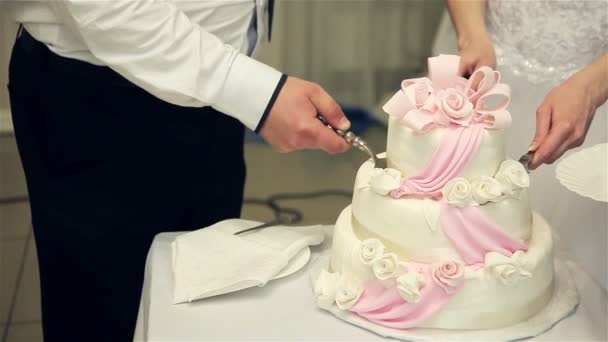 Gâteau de coupe de jeunes mariés avec fleur bleue — Video