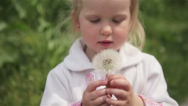 Niña rubia soplando un diente de león — Vídeo de stock