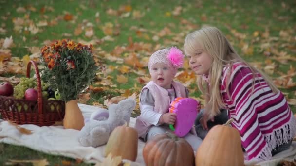 Dos hermanas en el parque de otoño — Vídeo de stock