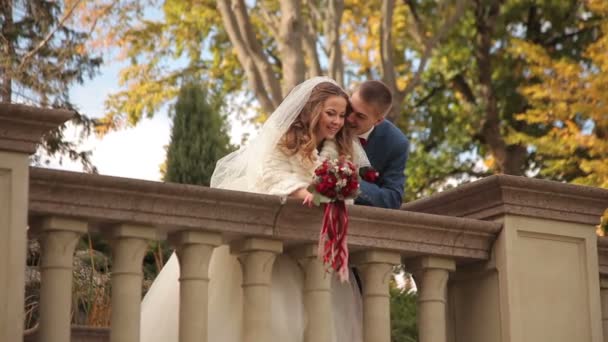 La novia y el novio ríen y disfrutan de un paseo . — Vídeos de Stock