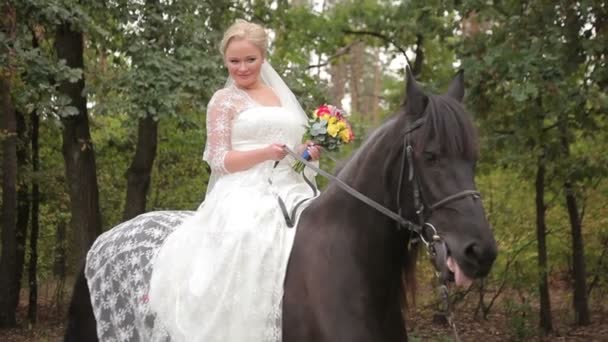 Noiva posando no cavalo marrom e medos — Vídeo de Stock