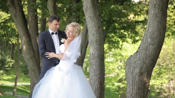 Νύφη και γαμπρός με τα πόδια στο πάρκο — Αρχείο Βίντεο