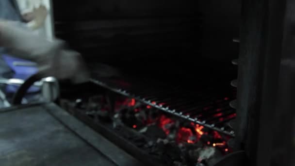 De biefstuk wordt geplaatst in de grill — Stockvideo