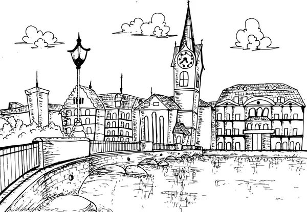 Zurich paysage urbain dessiné à la main — Image vectorielle