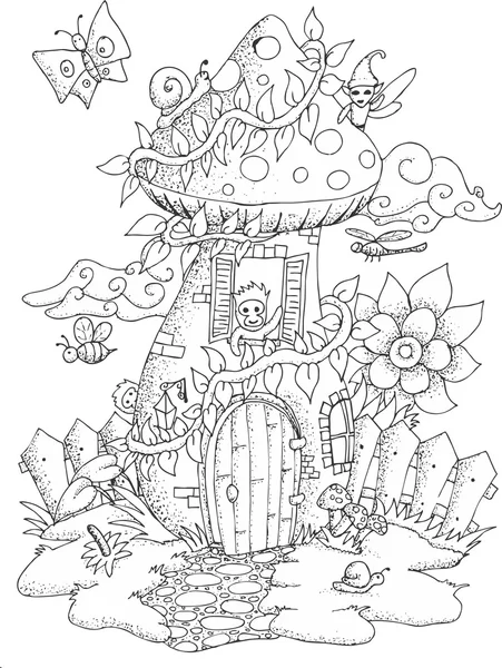 Illustration en noir et blanc d'une maison de fée pour livre à colorier adulte — Image vectorielle