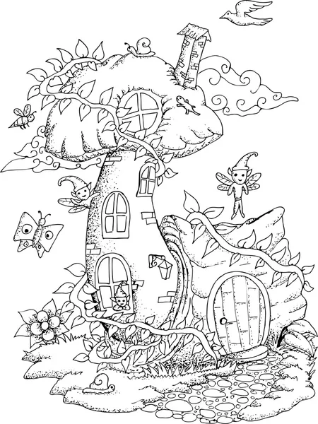 Black and white illustration of a fairy house for adult coloring book — Stock Vector