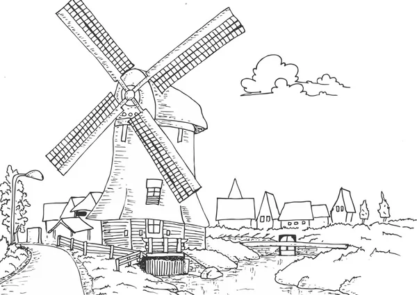 Molino de viento viejo retro vintage dibujo ilustración — Archivo Imágenes Vectoriales