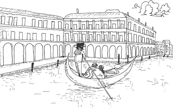 Vue à Venise avec gondole dessinée à la main — Image vectorielle