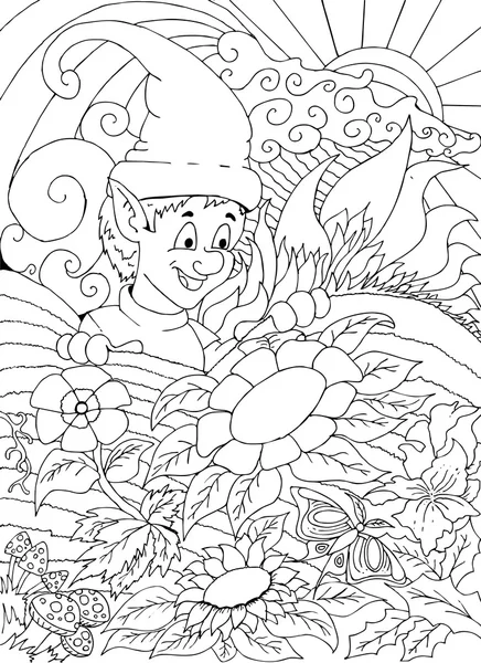 Une fée ou un gnome ou un elfe avec des détails pour livre à colorier adulte — Image vectorielle