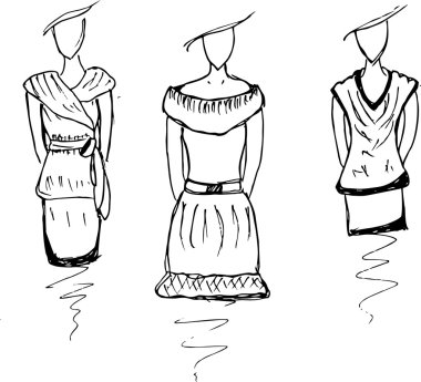 Çizimler elle çizilmiş moda elbiseler
