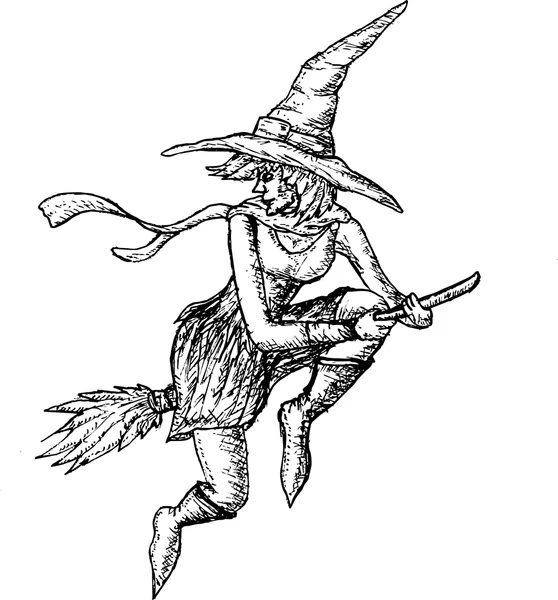 Хэллоуинская ведьма летит на метле вручную — стоковый вектор
