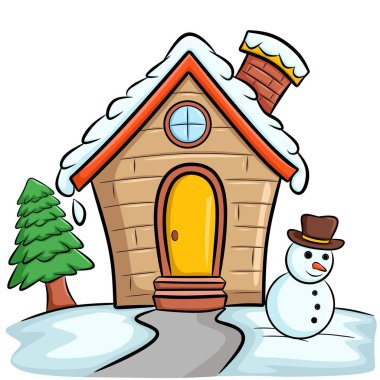 Karlı, donmuş küçük bir ev Yılbaşı Noel karikatür çizimi