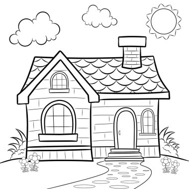 Beyaz arka planda ahşap bir ev çizimi..