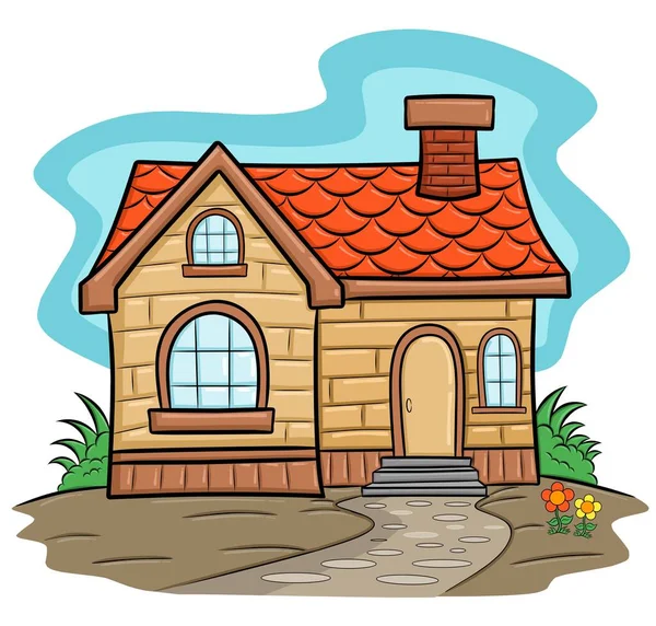 Vector Image Small House Green Garden Trees Drawn Cartoon Style — Διανυσματικό Αρχείο