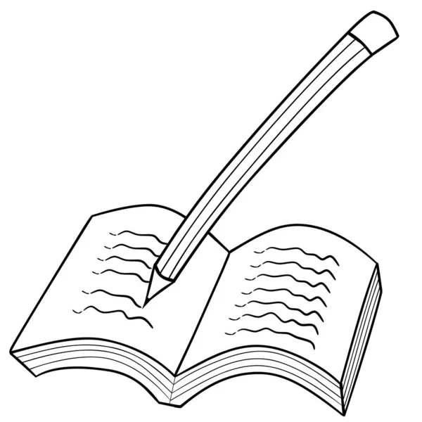 Renklendirme sayfası için beyaz arkaplan üzerinde ana hatlarıyla kalem ve kalem simgesine sahip kitap