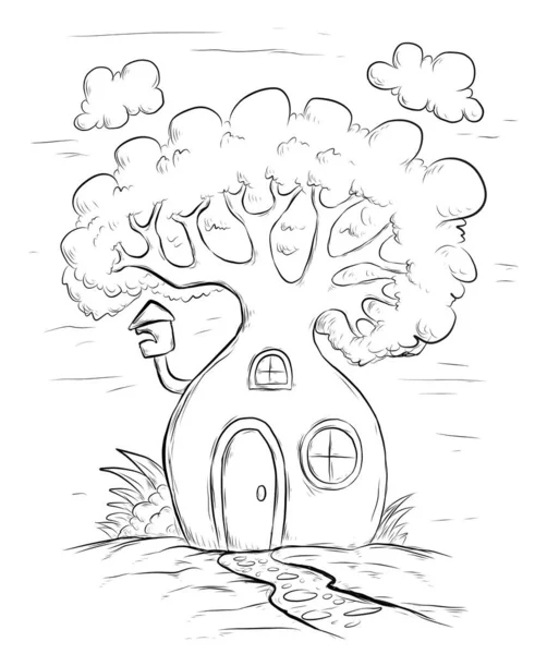 Fairy Tree House Sketch Graphics Black White — Stock Vector